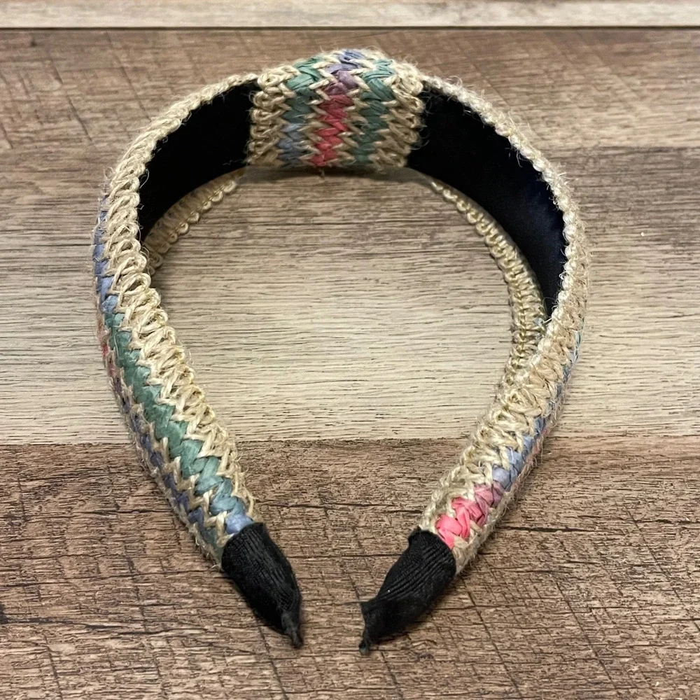 Boho Woven Headband‎ Knotted Accent Multi Color Straw Cotton Raffia Accessory